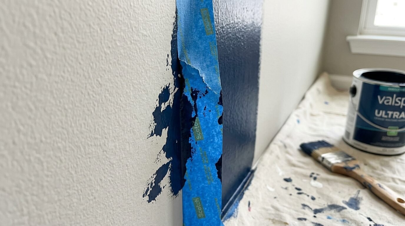 Blue paint has seeped under the edge of painter's tape on a light-colored wall during a home renovation.