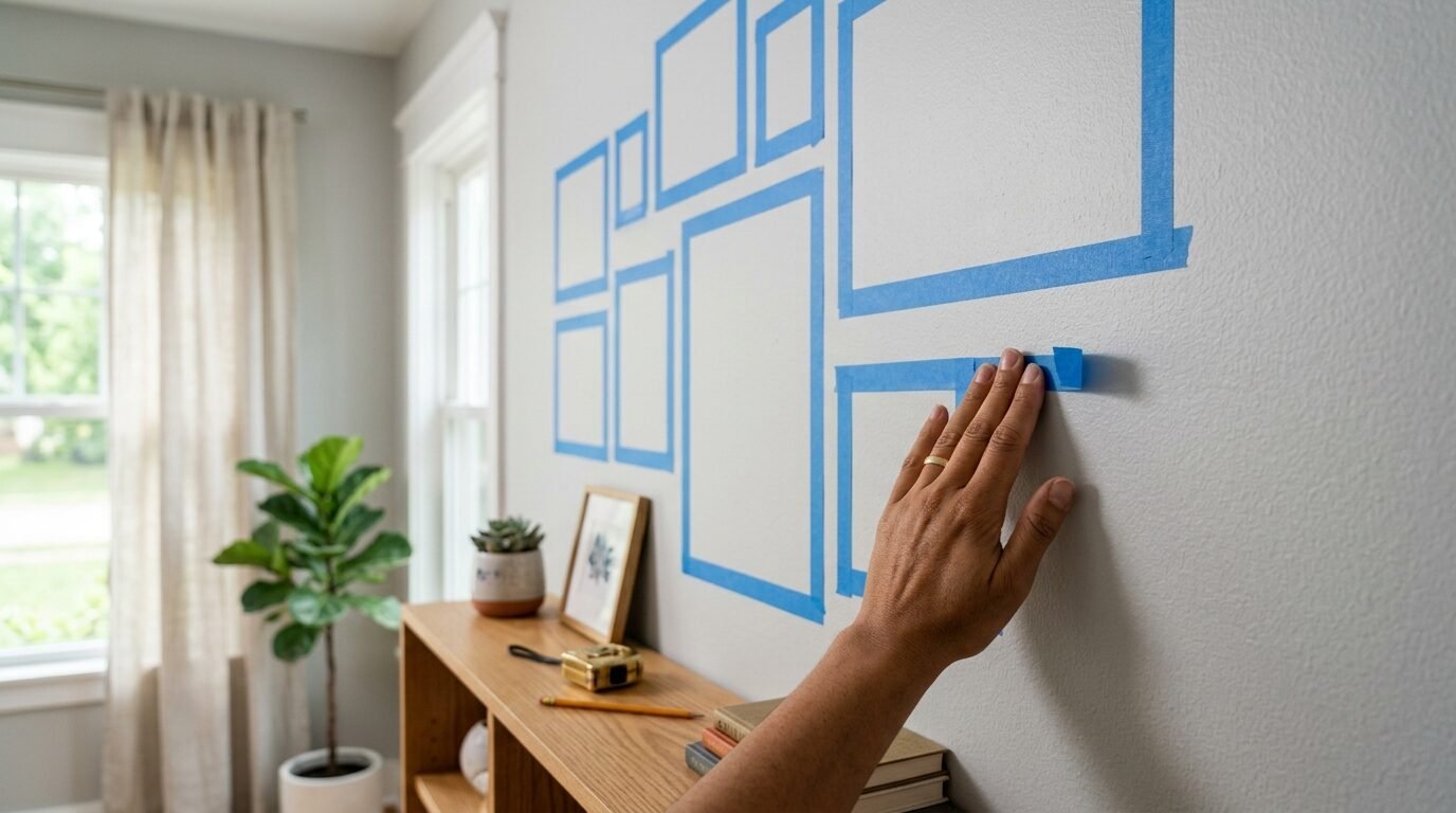 Close-up of a hand pressing blue masking tape on a grey wall to plan a photo frame collage.