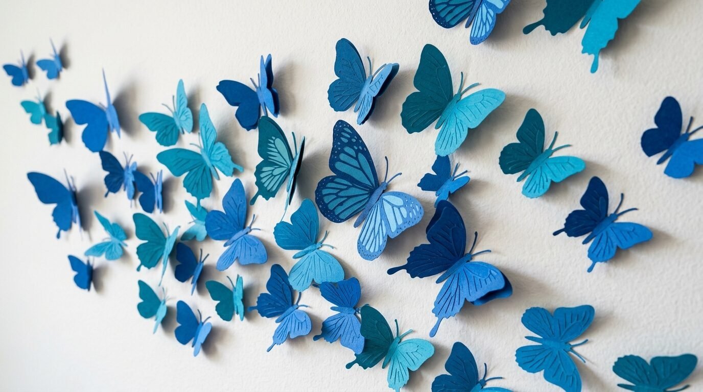 Many layered paper butterfly cutouts in varying shades of blue attached to a white wall.