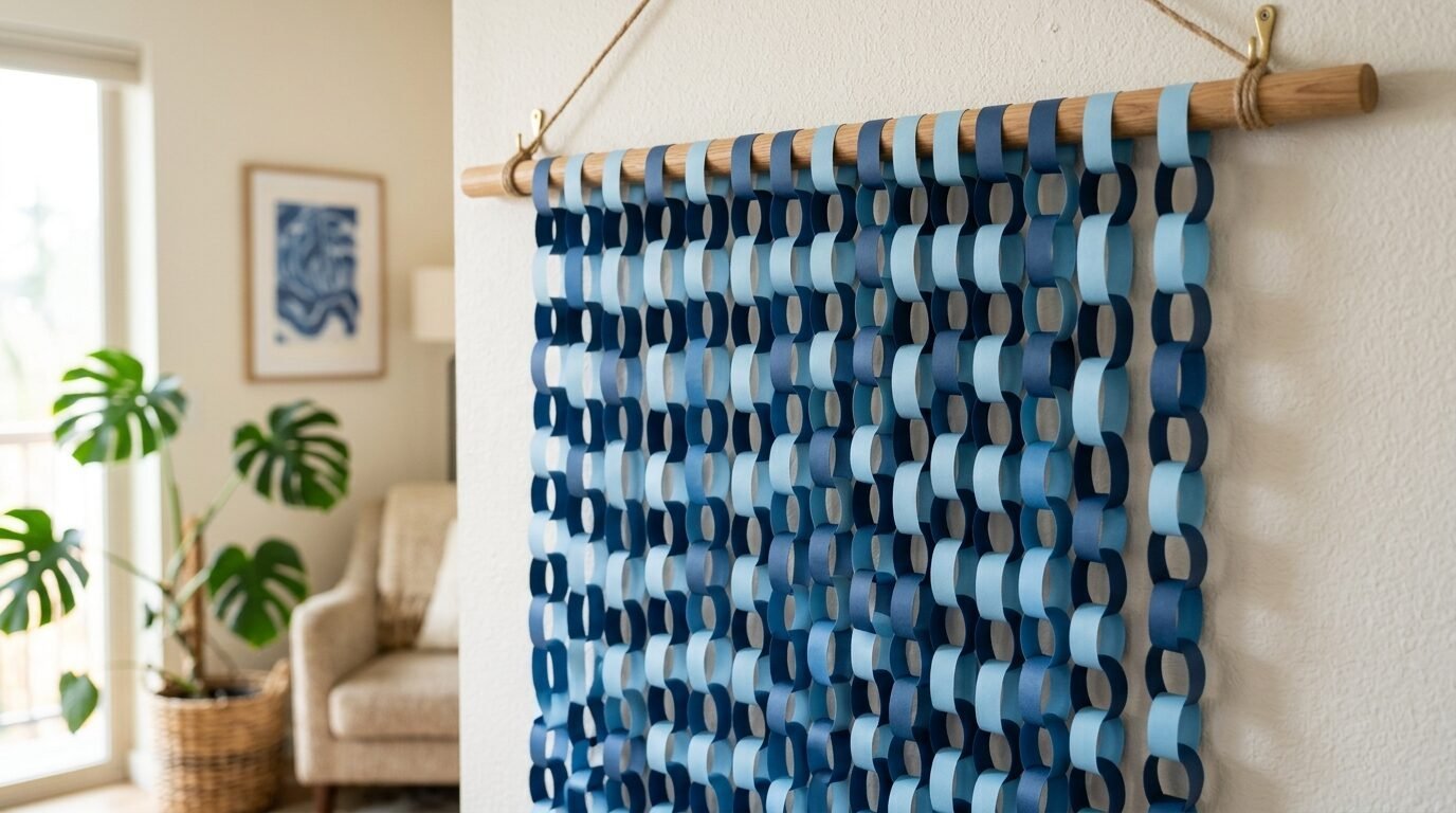 A handmade paper chain curtain in shades of blue hanging from a light wood dowel mounted on a white wall.