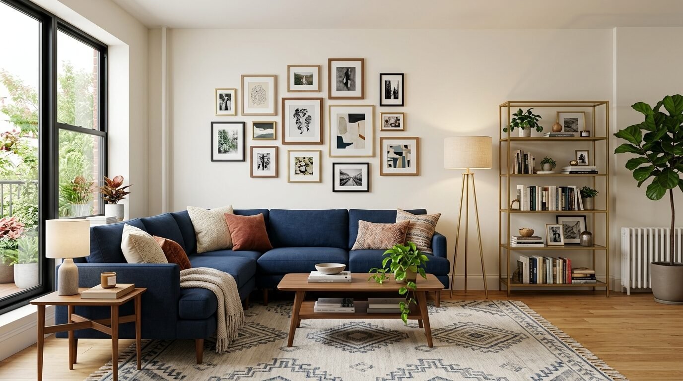 Modern living room with a blue L-shaped couch, wooden coffee table, floor lamp, and a large wall gallery of art.