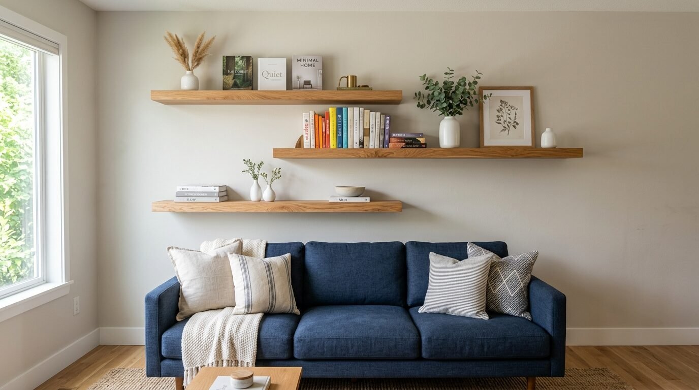Blue fabric sofa centered beneath three staggered wood wall shelves decorated with books, plants, and art.