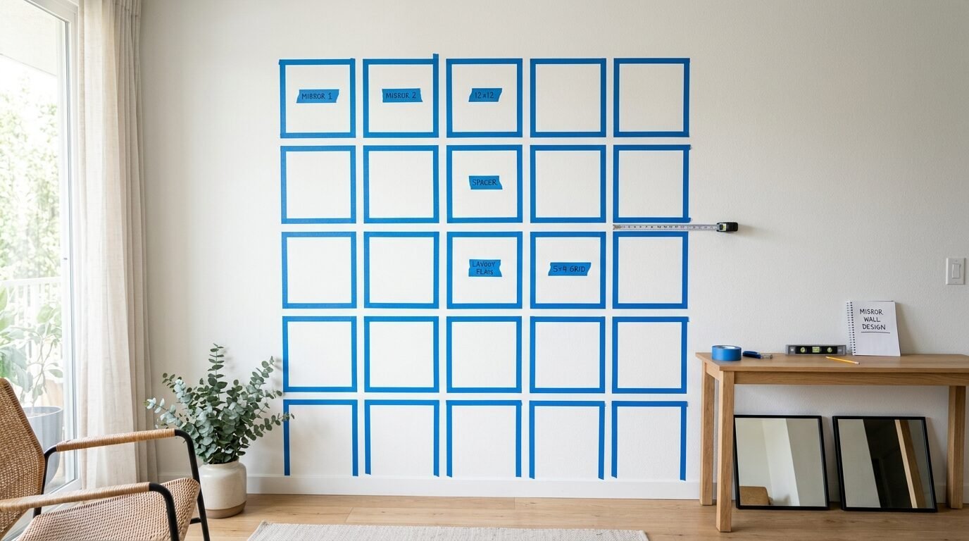 A white wall marked with a grid of blue painter's tape squares to help plan the placement of square mirrors.