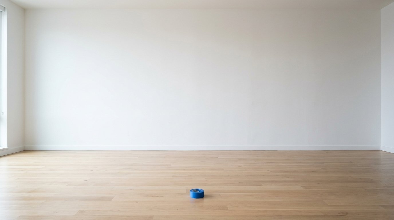 A small roll of blue masking tape sits centered on a light-colored hardwood floor in an empty room.
