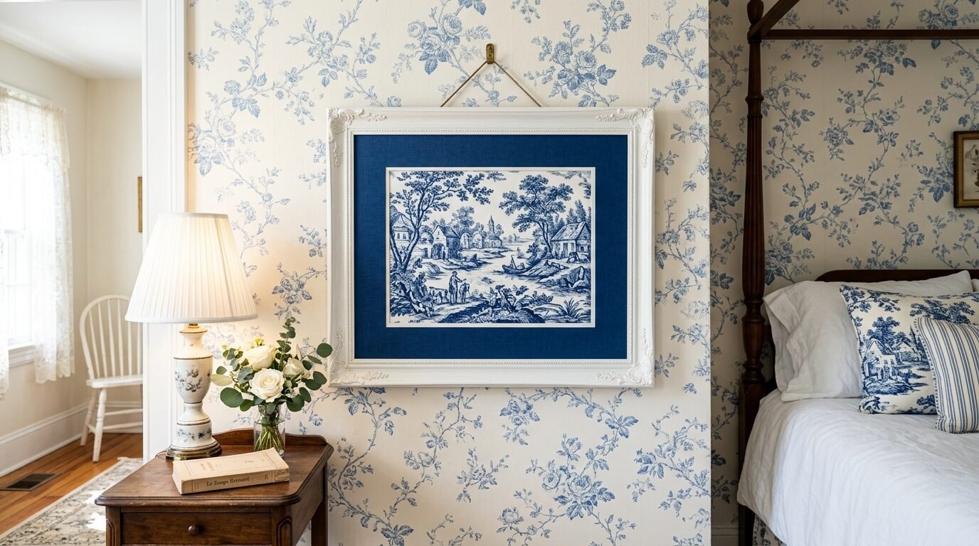 A decorative landscape art print in a white frame mounted on a wall with blue and white floral toile patterns.
