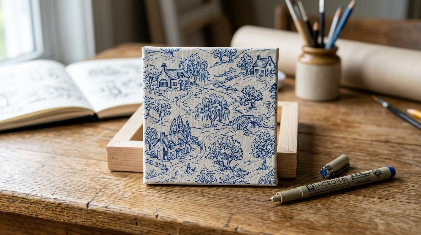 Close-up of a small square canvas on a wooden desk with blue ink illustrations of cottages, trees, and a bridge.