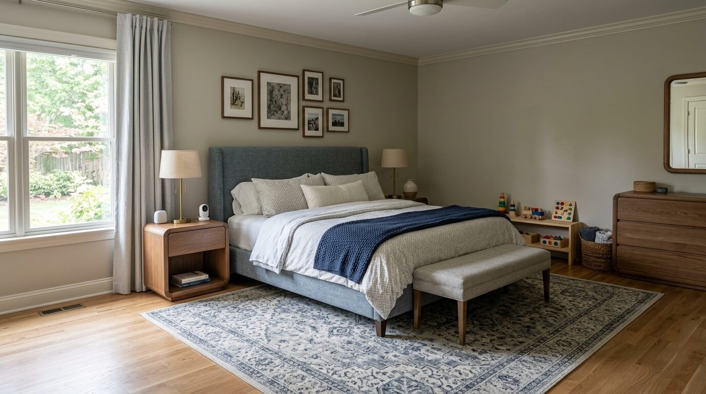 Blue bed with patterned bedding and a navy throw blanket in a light-filled bedroom with wood furniture.