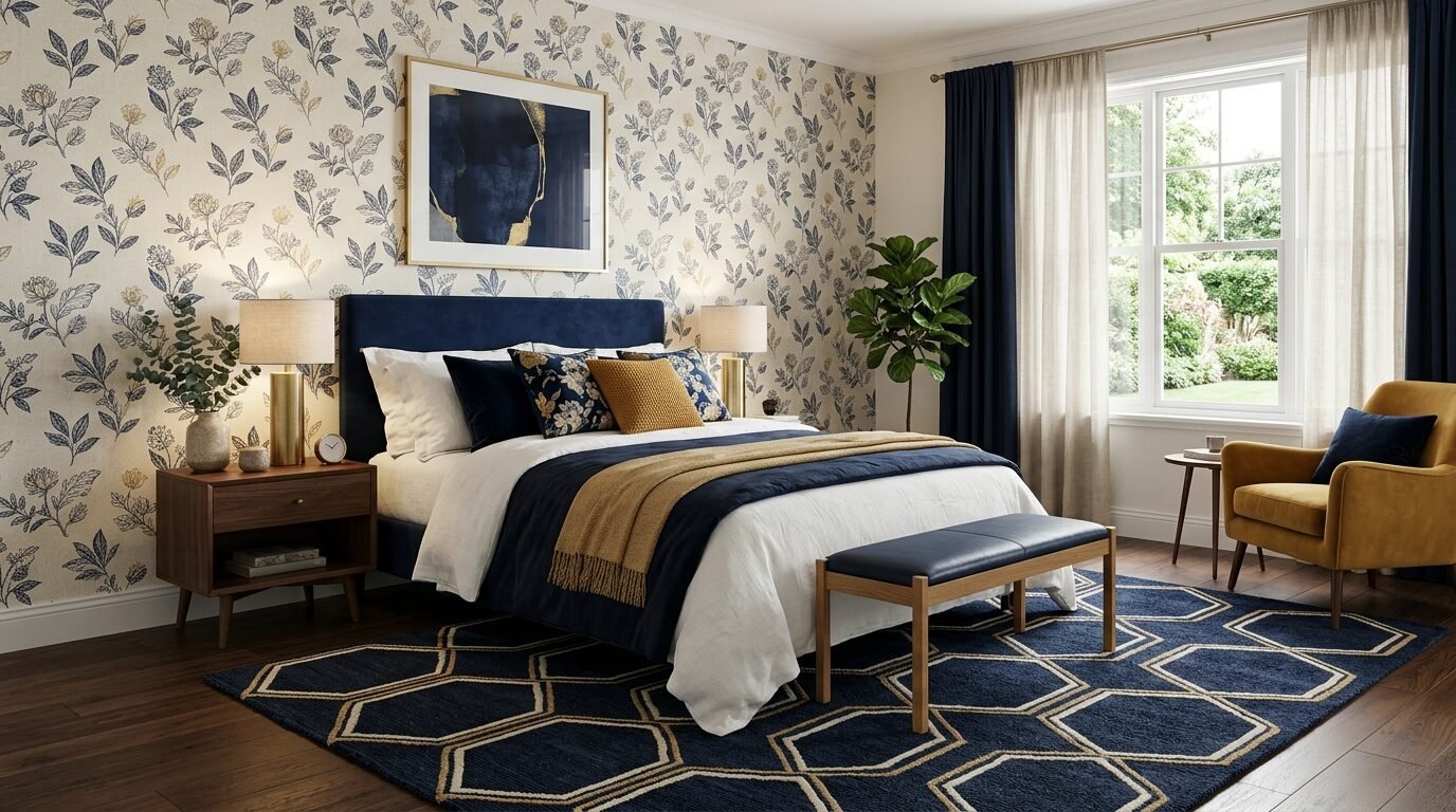 A bedroom with floral wallpaper, a blue upholstered bed, geometric patterned rug, and a yellow velvet armchair.