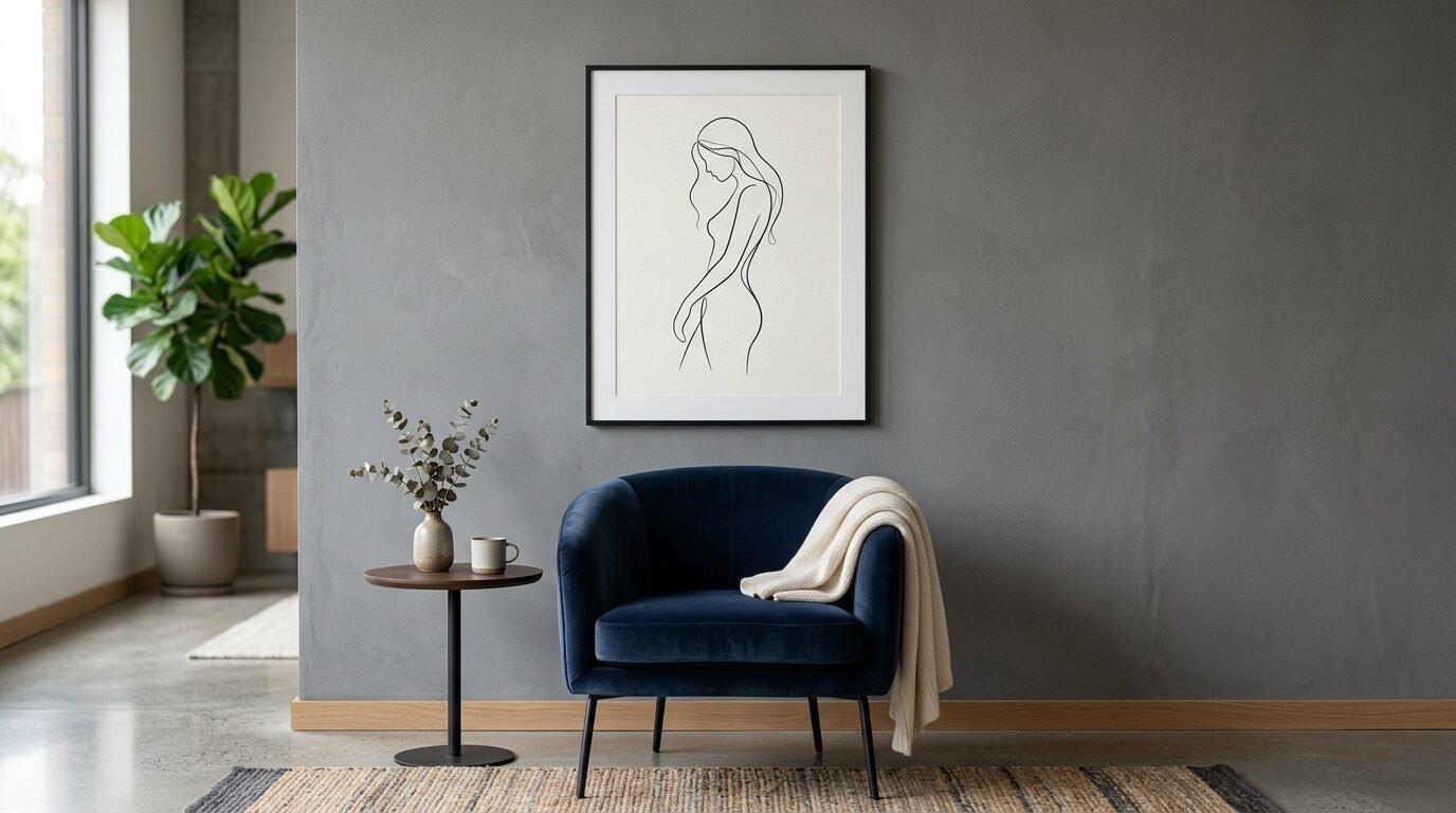 A navy blue velvet accent chair with a cream throw blanket sits under a framed abstract line drawing on a grey wall.