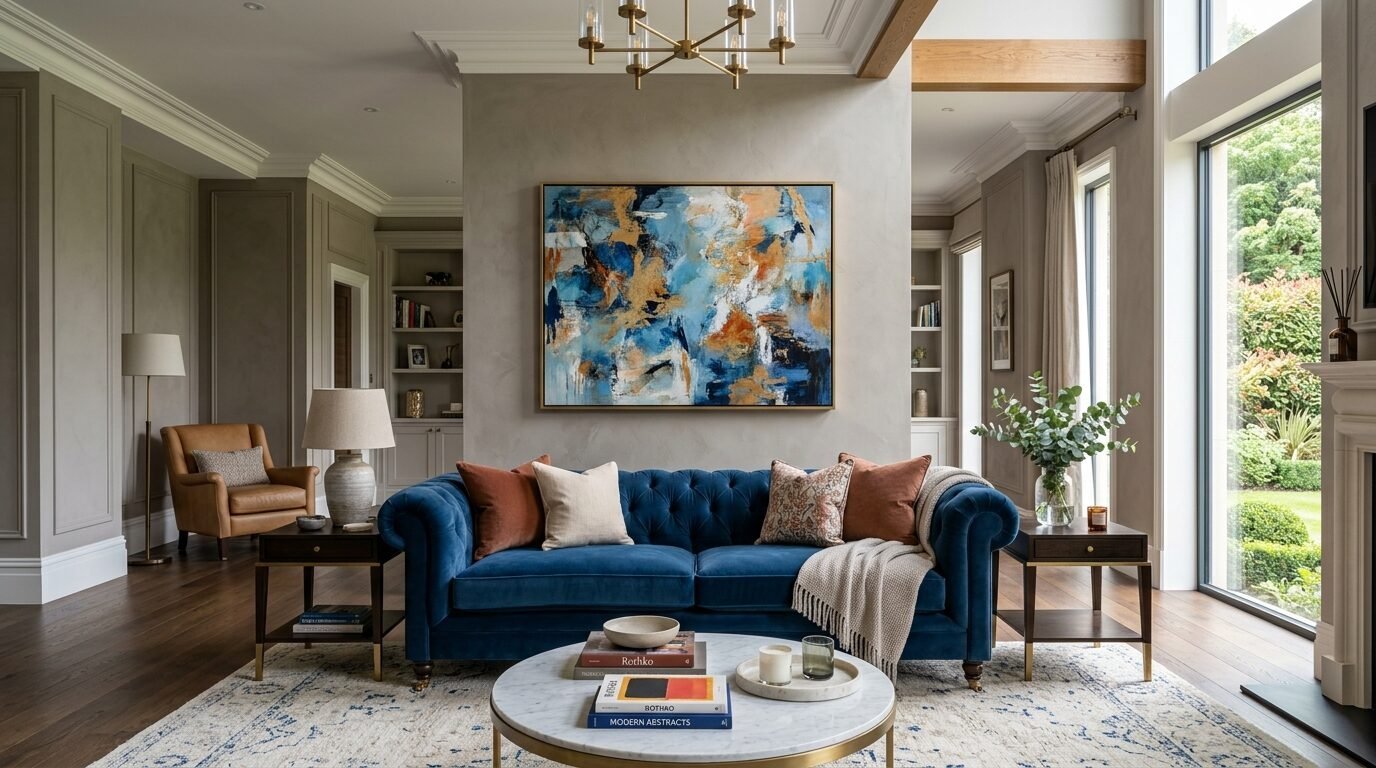 A plush blue tufted sofa sits in a living room with a large abstract painting and marble coffee table.
