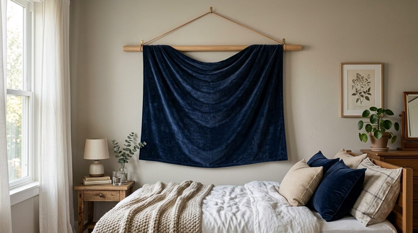 A dark blue velvet fabric draped over a wooden rod on a beige bedroom wall above a bed with mixed textured pillows.