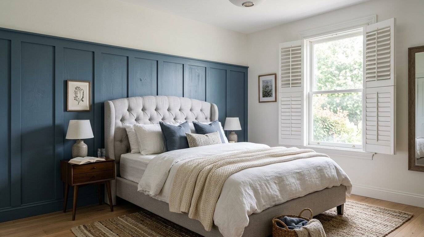 Tufted grey wingback bed centered against a blue paneled wall in a bedroom with natural light and hardwood floors.