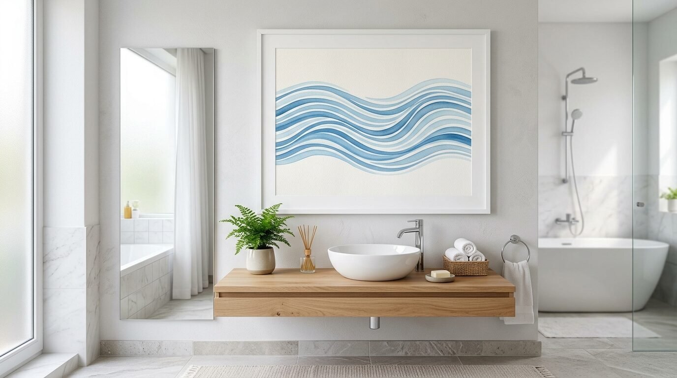 A white framed blue watercolor wave print above a wooden floating vanity with a vessel sink and green plant.