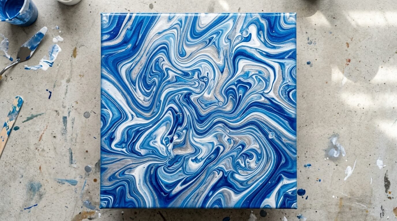 Square canvas showing a marbleized pour painting in shades of royal blue, white, and shimmering silver.