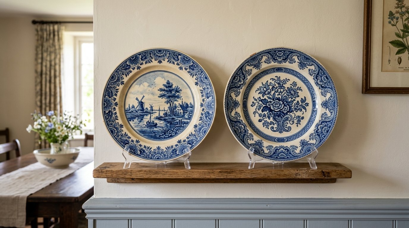 Two vintage-style ceramic plates with blue floral and windmill designs displayed on a rustic floating wall ledge.