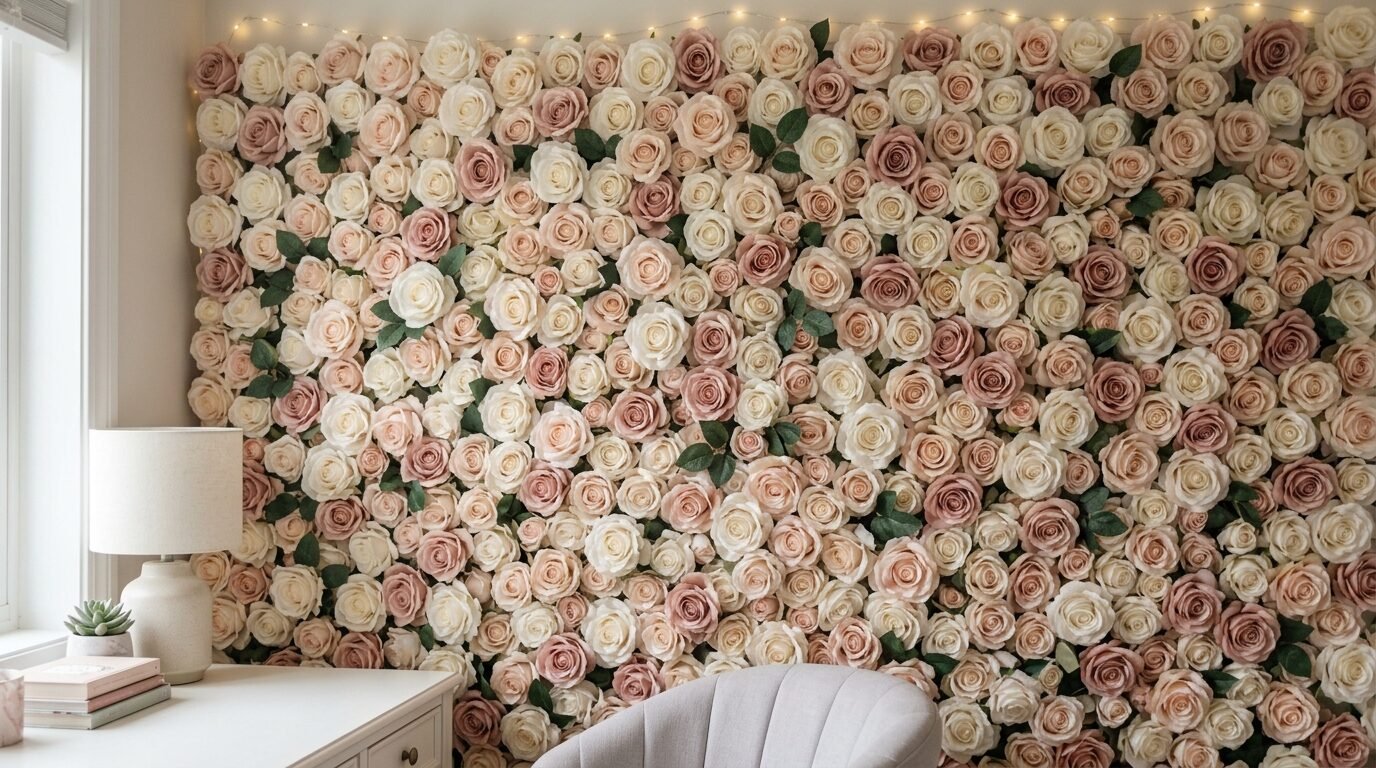 Close up of an indoor backdrop covered in faux blush and white roses with string lights at the top.