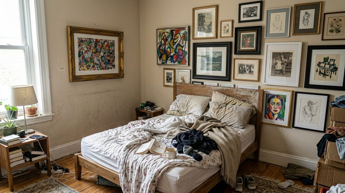A rustic bedroom featuring a messy bed, reading book, and many framed artworks hanging above the headboard.