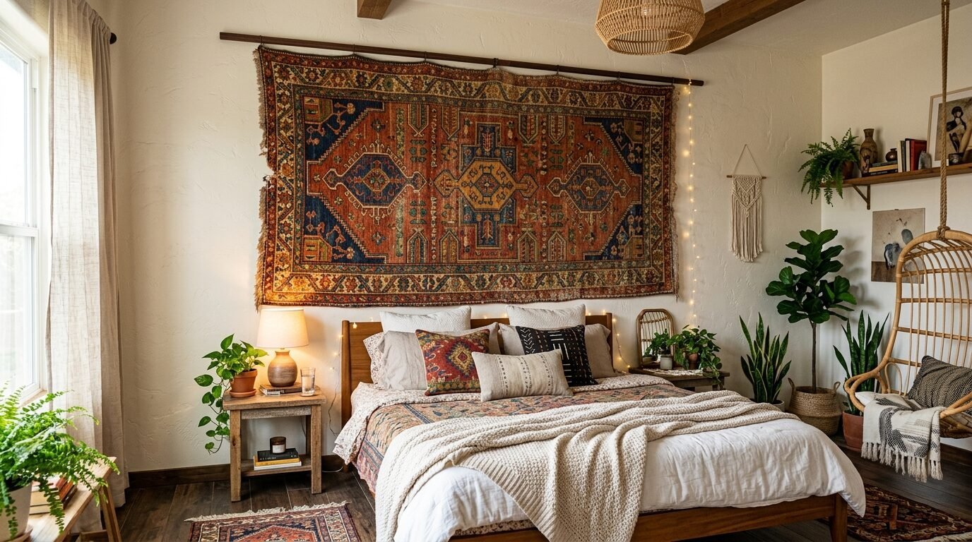 Boho style bedroom with a large colorful patterned rug hung on the wall above a bed and a hanging rattan chair.