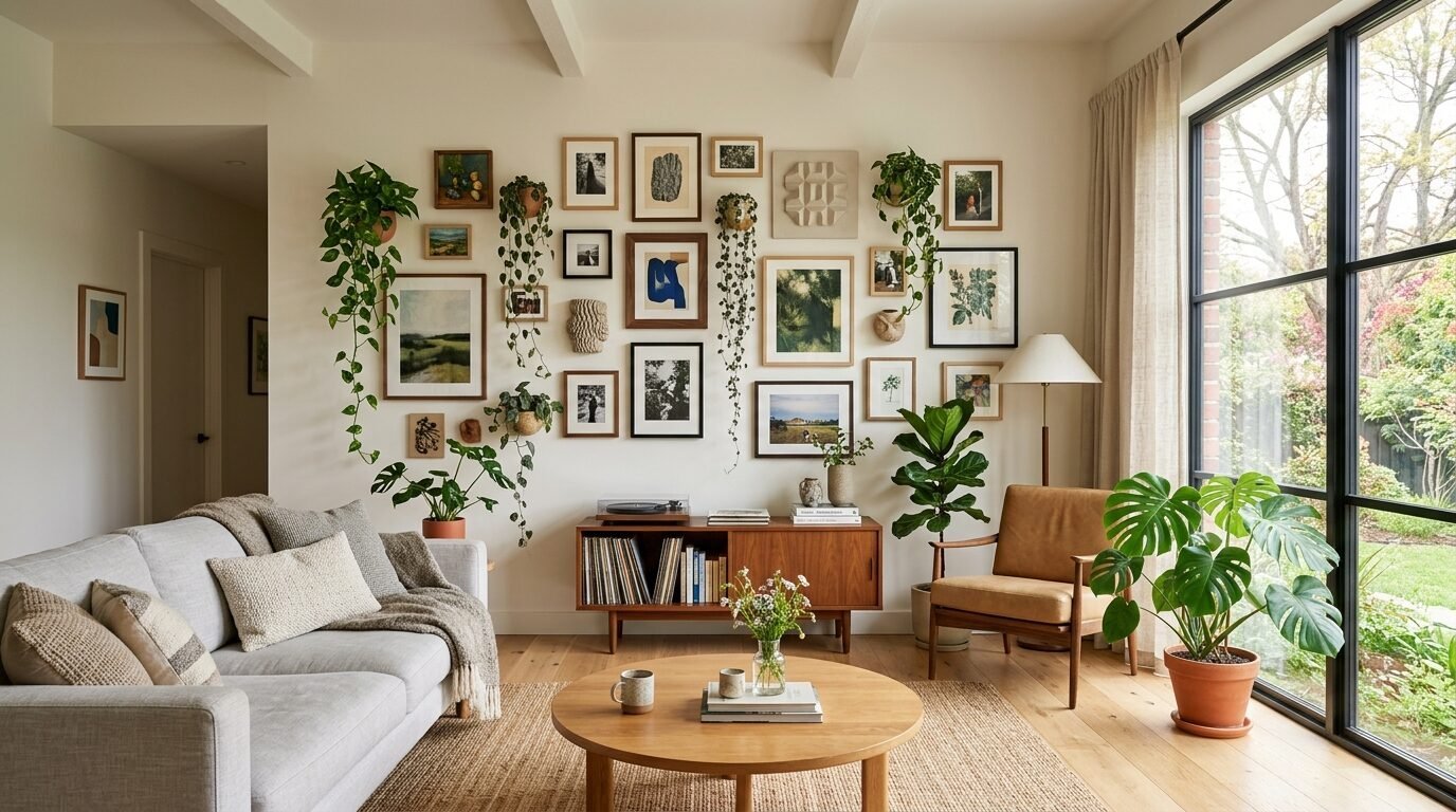 A bright living room with a gallery wall, wooden furniture, a grey sofa, and many lush potted plants.
