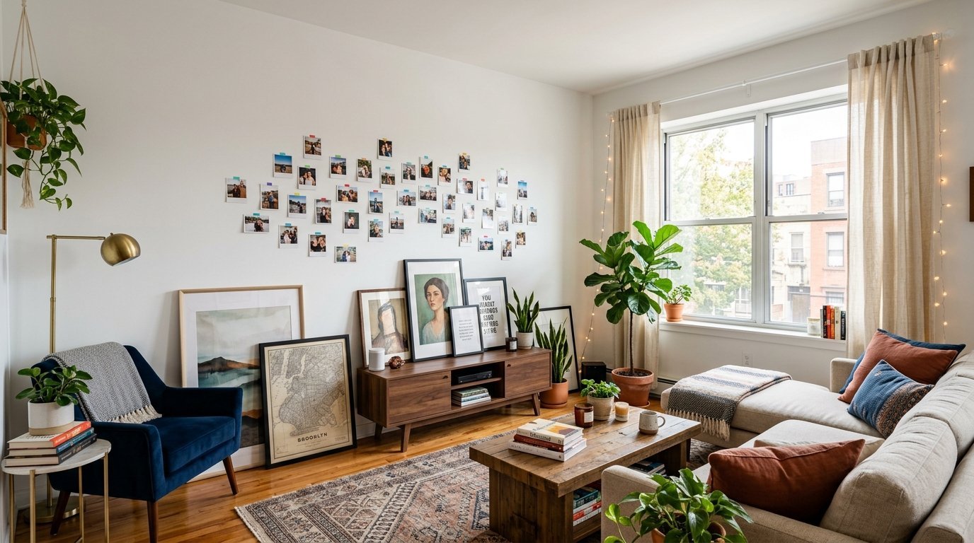 Modern living room with a polaroid photo wall, blue armchair, and large house plants by a window.