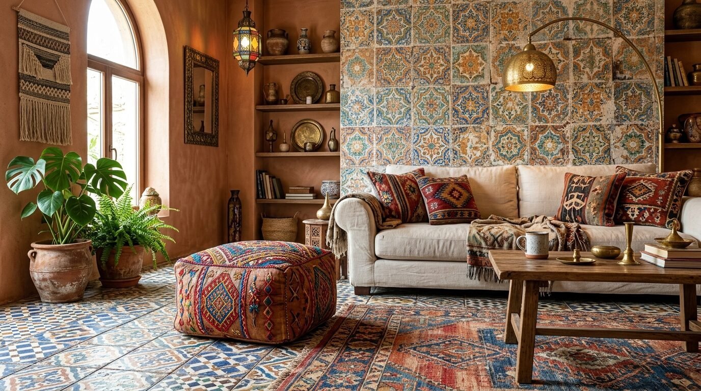 A cream sofa sits in a room with intricate wall tiles, a bohemian floor pouf, and a wooden coffee table.