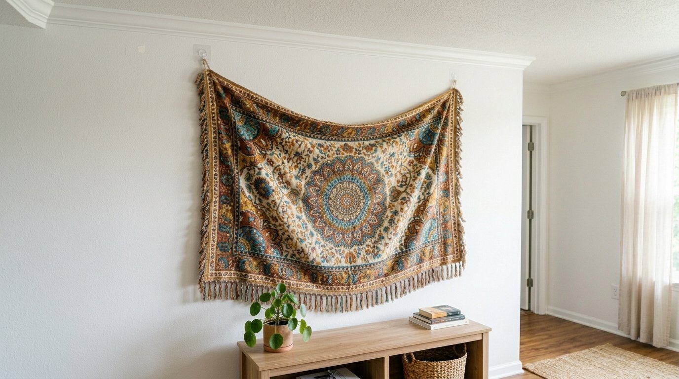Decorative fringed textile with intricate paisley patterns displayed on a clean white living room wall.