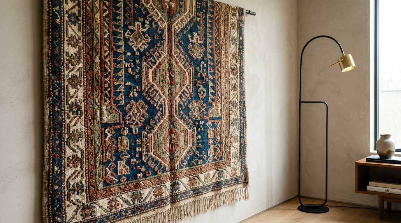 Blue and rust colored geometric textile hanging from a black rod next to a modern floor lamp.