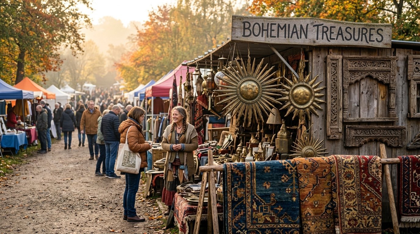 Shopper chatting with a vendor at a Bohemian Treasures booth featuring golden sun wall decor and patterned rugs.