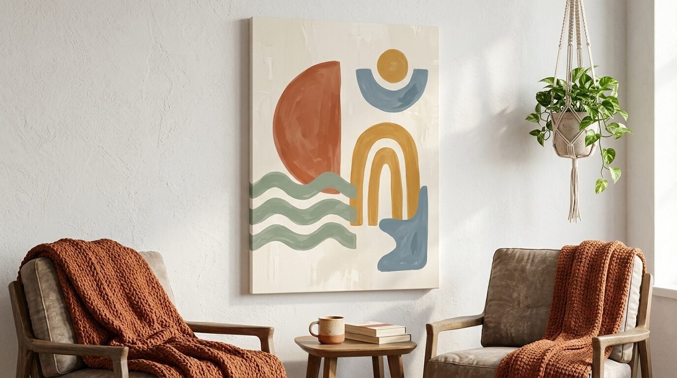 Modern canvas wall art with abstract shapes hanging between two armchairs with orange knitted throws.