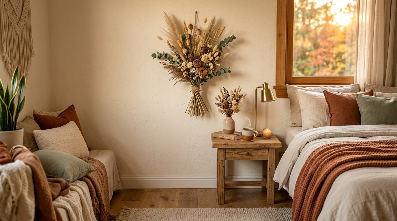 A beige bedroom featuring a large dried botanical wall hanging, a wooden bedside table with a lamp, and warm bedding.
