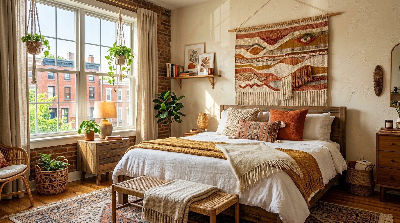 Cozy bedroom featuring an exposed brick wall, a woven tapestry above the bed, and various hanging houseplants.