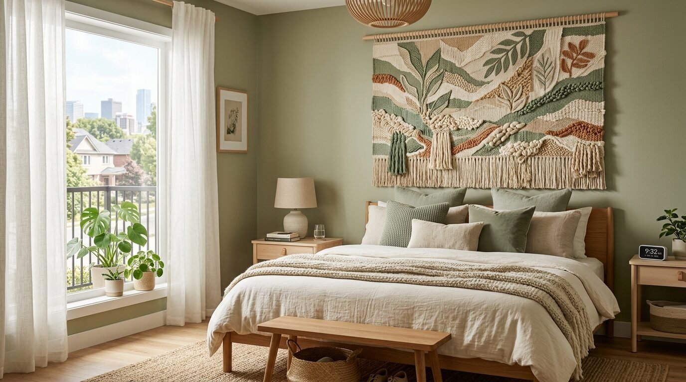 A beige and green fiber art piece hangs above a neatly made bed in a bedroom with sage walls and natural wood furniture.