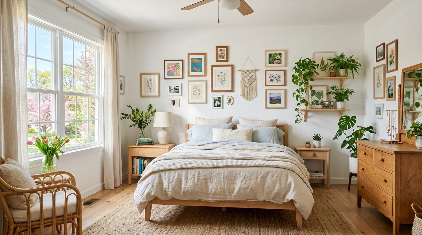 Sunny bedroom with wooden furniture, layered linen bedding, and a large gallery wall above the bed.