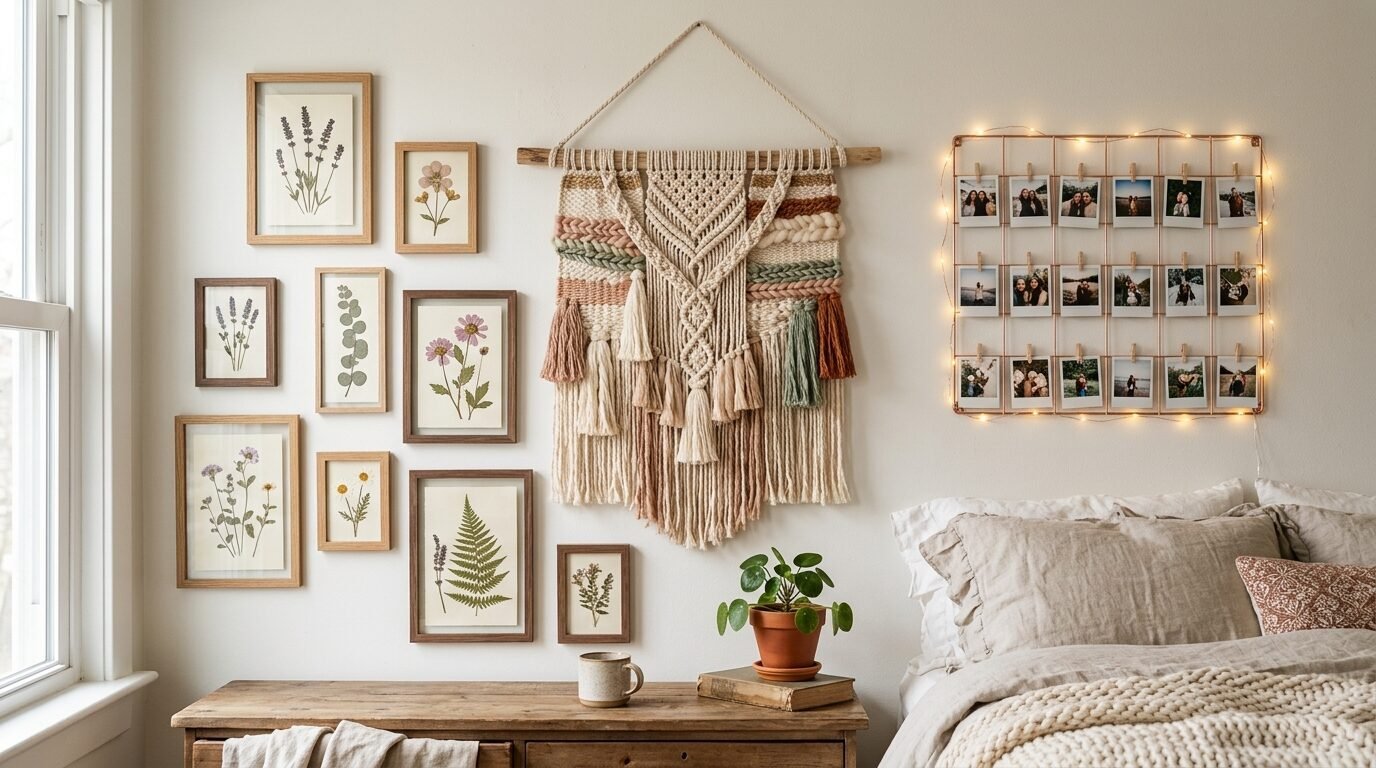 Bohemian bedroom wall with framed pressed plants, a macrame tapestry, and a string light photo display.