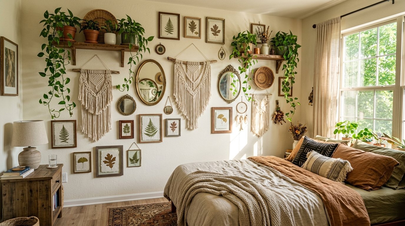 A sunlit bedroom with a gallery wall of macrame art, mirrors, and botanical illustrations above a cozy earth-toned bed.