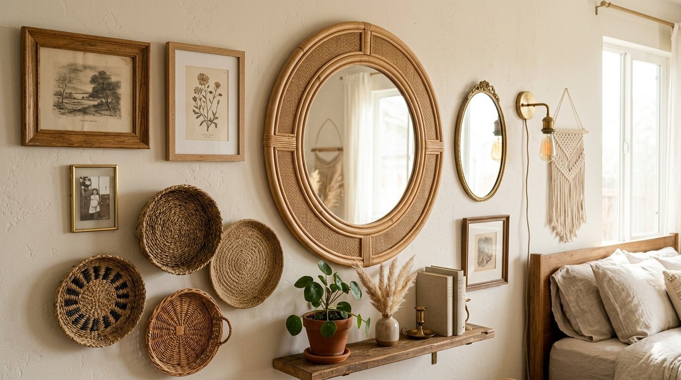 A bedroom wall featuring a large round rattan mirror, woven baskets, framed prints, and a floating wooden shelf.