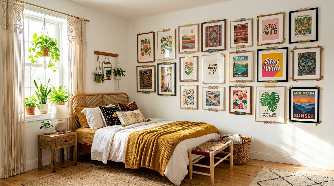A sunlit bedroom with a rattan bed, mustard throw blanket, and a wall filled with various colorful art prints.