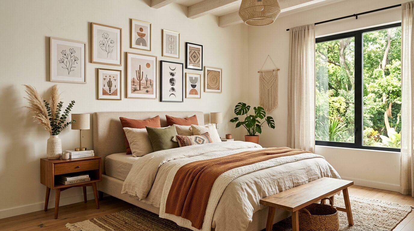 Modern bedroom with a beige upholstered bed, terracotta accents, a cactus art gallery wall, and indoor monstera plant.