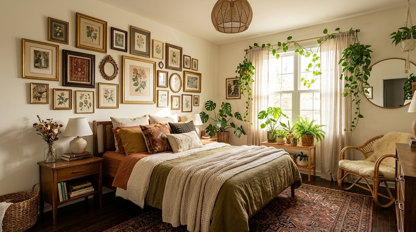 Bohemian bedroom featuring a large gallery wall, green bed linens, and various indoor plants near a bright window.