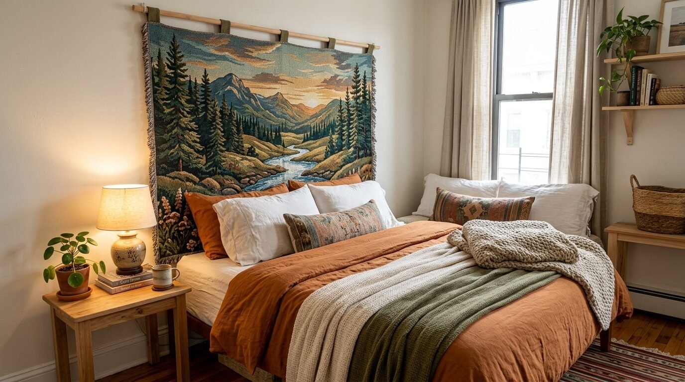 A bedroom with an earth-toned bed, layered blankets, and a large woven wall tapestry depicting mountains and a river.