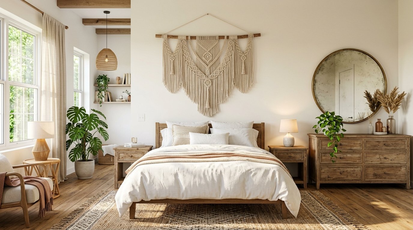Neutral bedroom featuring a large macrame wall hanging above a wooden bed frame and round mirror.