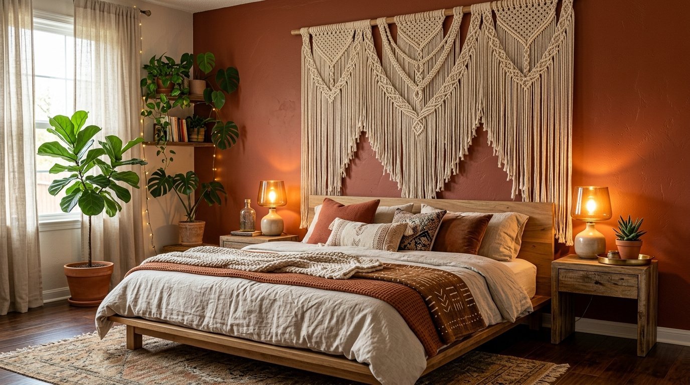 Wooden bed with rust-colored pillows against a terracotta wall and large macrame tapestry.