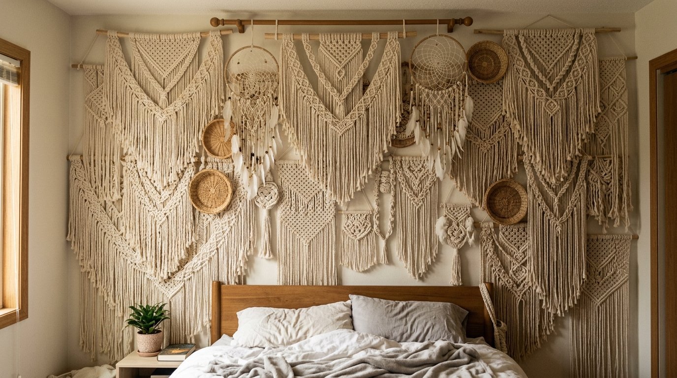A bedroom wall completely covered in intricate woven macrame tapestries, dreamcatchers, and small decorative baskets.