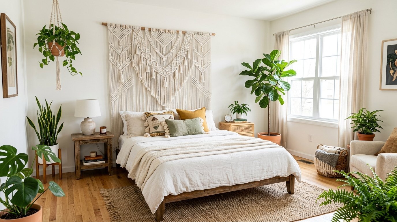A light-filled bedroom with a wooden bed, ivory linens, and a large macrame wall hanging surrounded by indoor plants.