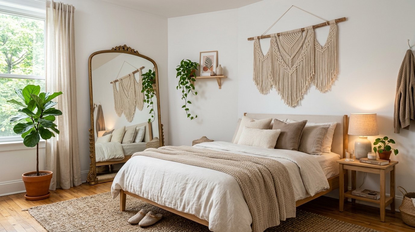 Neutral toned bedroom with a wooden bed, large macrame wall hanging, floor mirror, and indoor house plants.