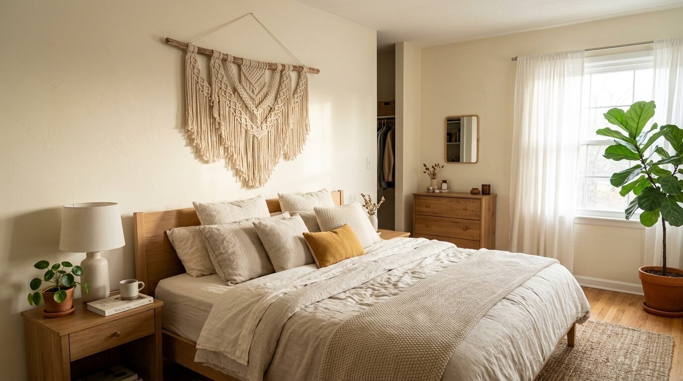 A sunlit bedroom with an oak bed frame, linen bedding, and a woven macrame tapestry hanging above the headboard.