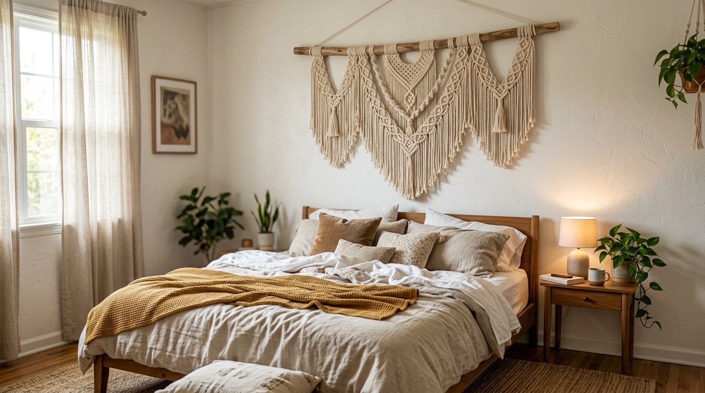 A beige macrame wall hanging hangs above a wooden bed with a mustard yellow throw blanket in a light-filled room.