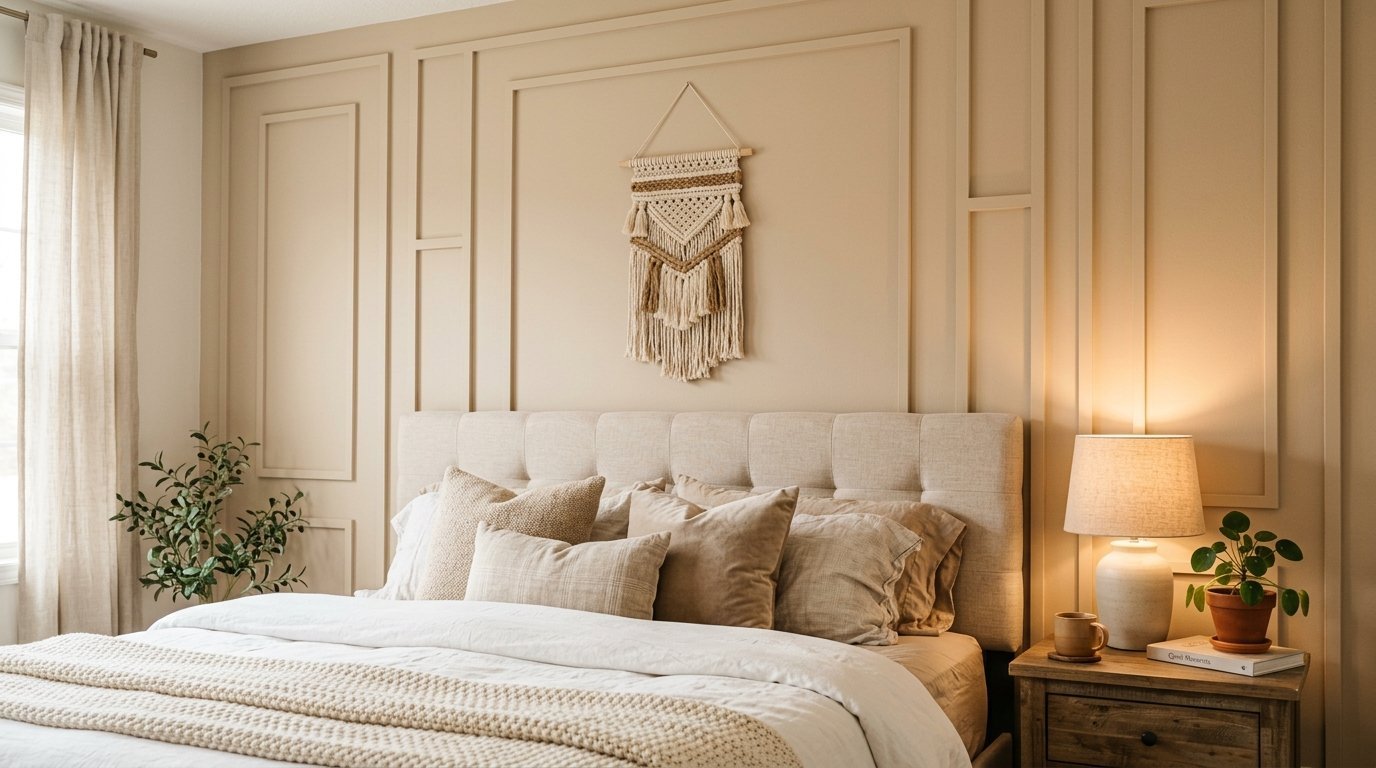 Neutral bedroom with tufted headboard, tan paneled walls, and a hanging macrame tapestry above the bed.