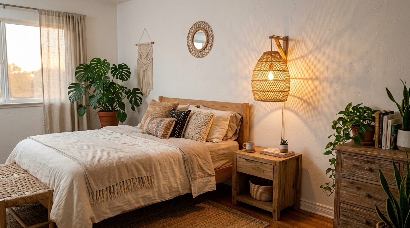 A rustic wooden bedroom with a rattan wall lamp casting patterned shadows above a bedside table.