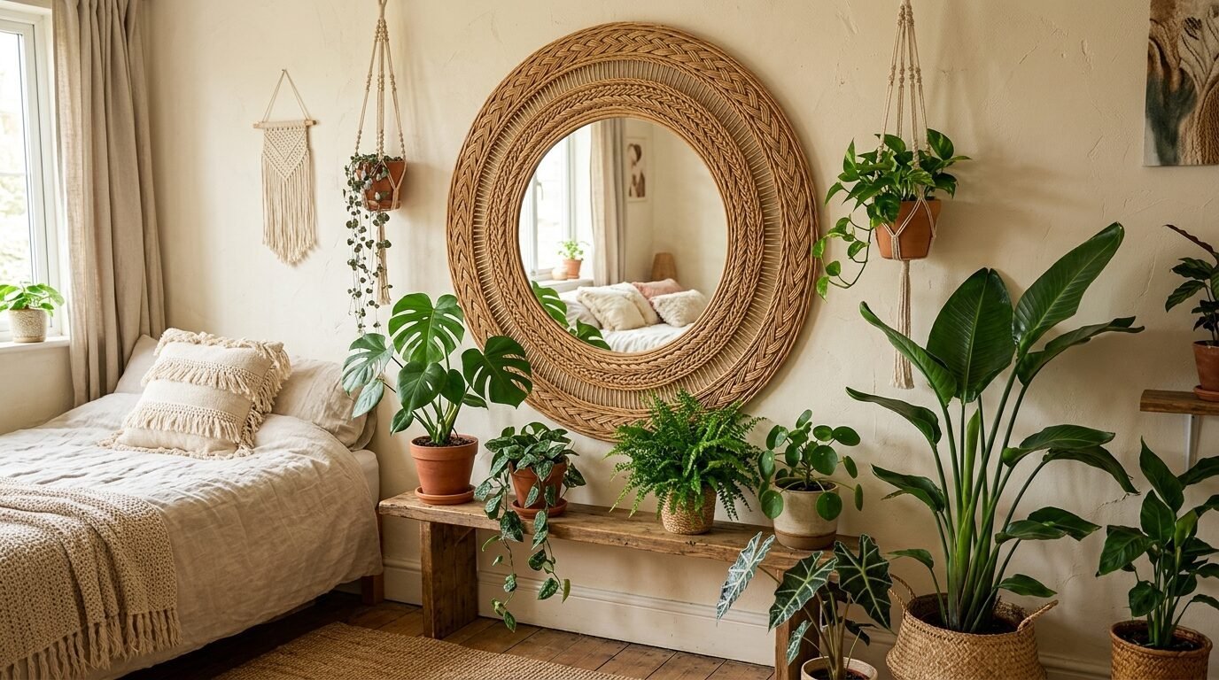 A rustic wooden bench filled with indoor potted plants beneath a circular braided wall mirror in a cozy bedroom.
